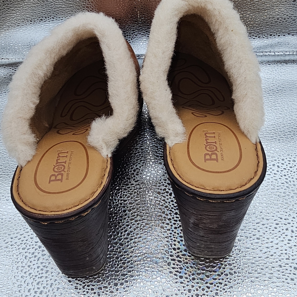 Born Shearling Lined Leather Mule Clogs Cognac Tan Size 9 - Picture 5 of 8